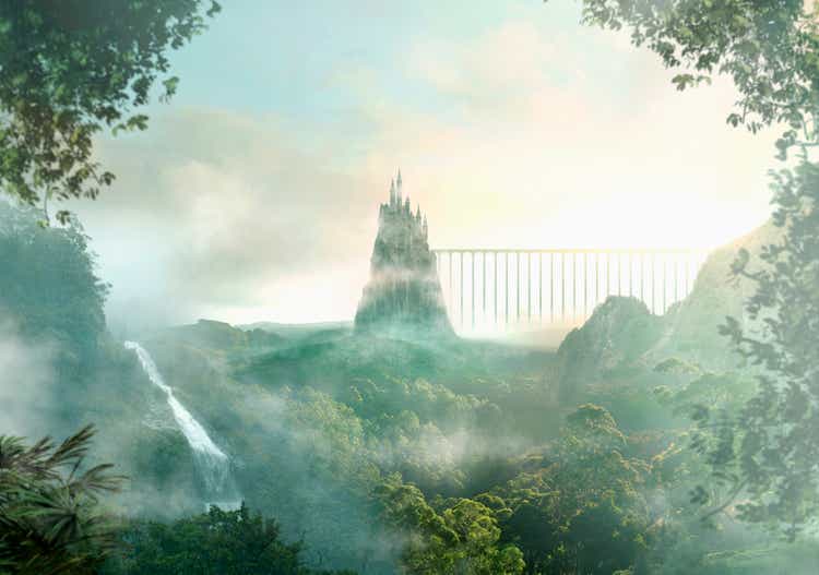 Distant castle near waterfall