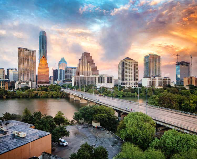 Downtown Austin skyline at sunset elevated view with Colorado river