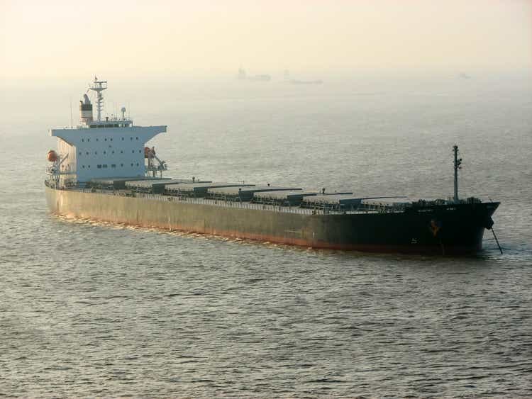 Dry cargo ship in the sea, ocean.