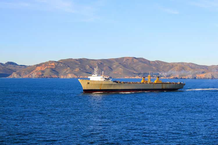 Dry cargo ship in the sea, ocean.