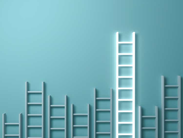 Stand out from the crowd and different creative idea concepts , Longest ladder glowing among other short ladders on light green background with shadows . 3D render