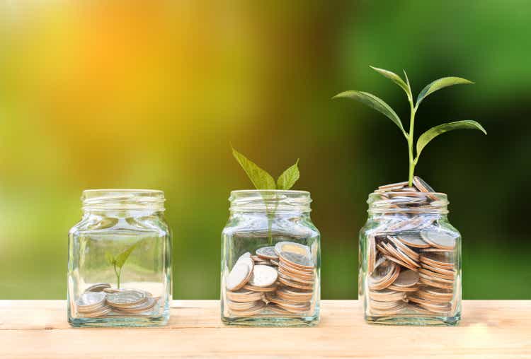 Konzeptionelle Münzen in Glasflasche und wachsender Baum auf Natur Hintergrund, Investitionen Wachstum Geschäftskonzept