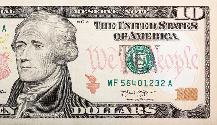 Part of ten dollar bill American money