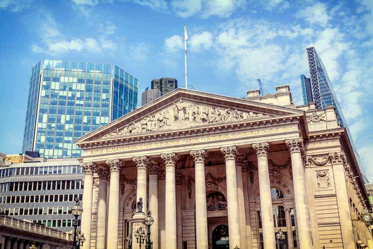 The facade of the Royal Exchange in the City of London