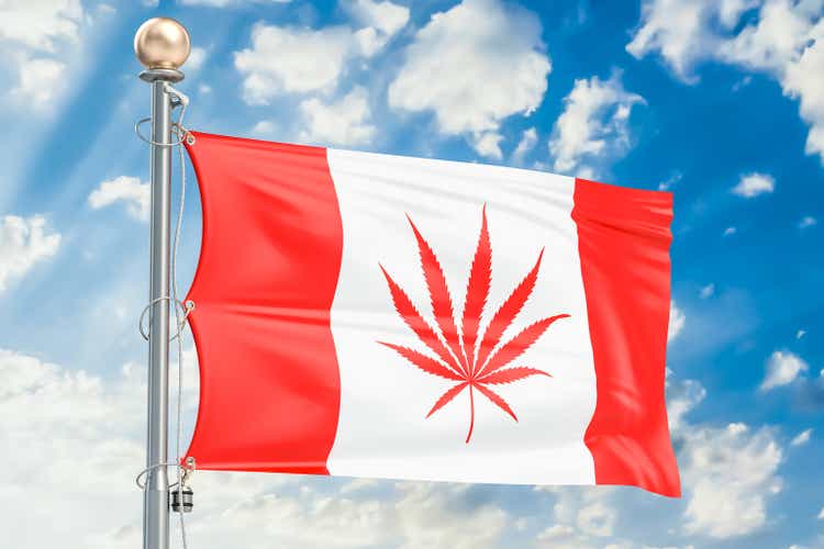 Legalization of cannabis in Canada. Canadian flag with marijuana leaf, 3D rendering