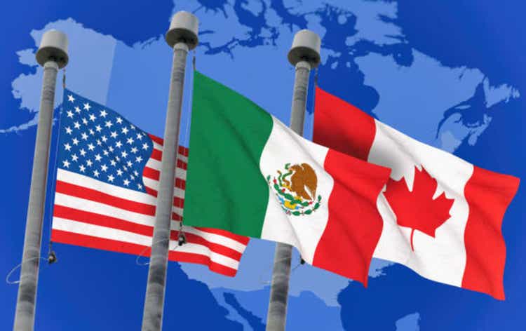 Canada, Mexico and US Flags over blue sky, conceptual image for Nafta agreement (3D rendered image)