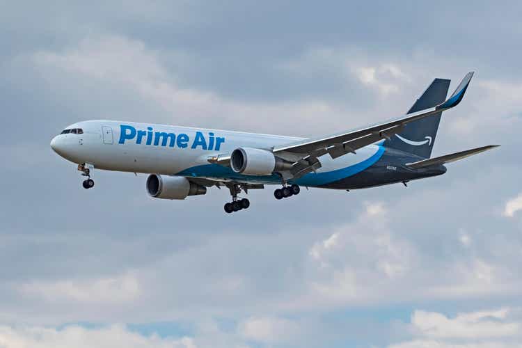 Airplane Amazon Prime Air freight jet landing at Ontario International Airport