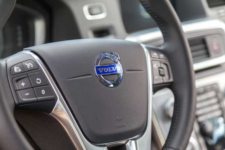 Rostock / Germany - August 12, 2017: steering wheel in a Volvo cockpit on public event hanse sail