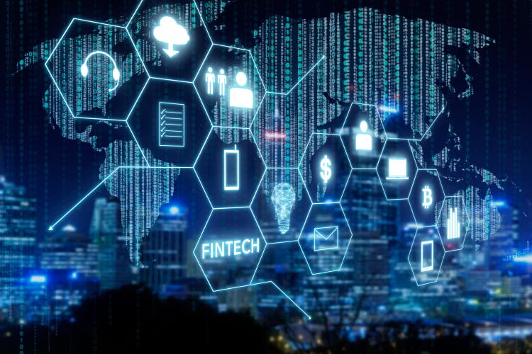 Fintech icon and internet of things with matrix code background, Investment and financial internet technology concept.