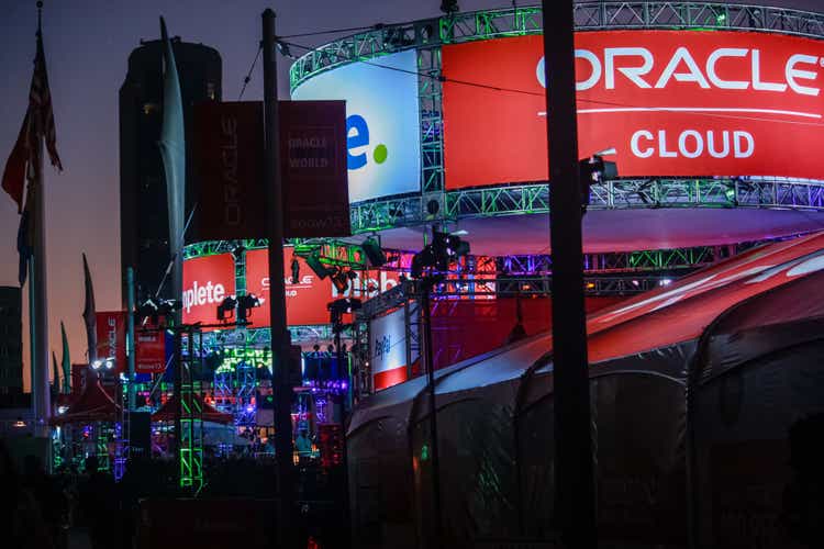 Outdoor pavilion of Oracle Open World conference opened at Howard street near Moscone Center in the evening on Sept 22, 2013 in San Francisco, CA, USA.