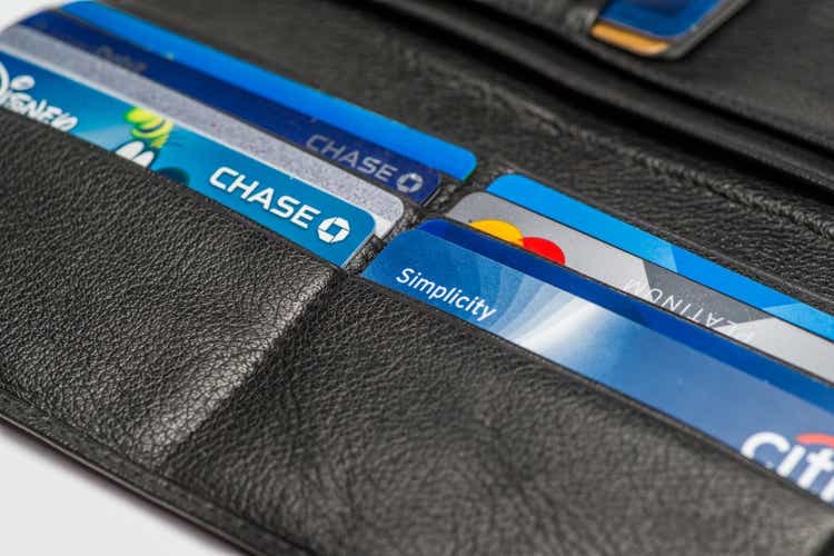 Close up of an open wallet with credit cards with Chase,Chase Disney,Citi Simplicity and Master card logos (for editorial use only)