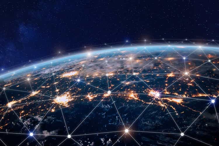 Global telecommunications network, nodes connected to Earth, Internet, world communication
