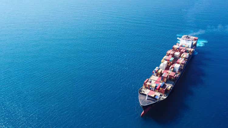 Large container ship at sea - Top down Aerial Image