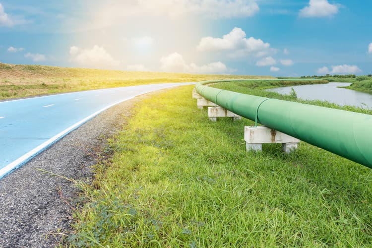 Raw water pipeline and distribution parallel of the road.