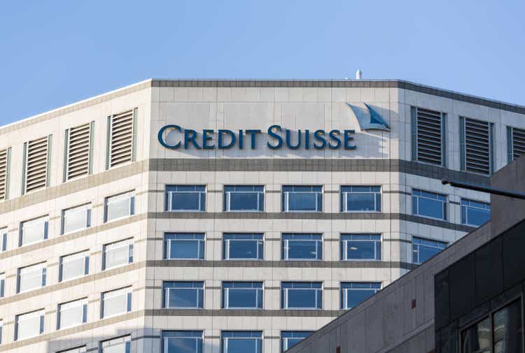 Logo or sign for Credit Suisse in Canary Wharf
