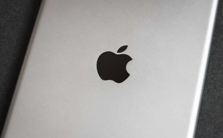 Apple iPad mini on a dark background, reverse side.