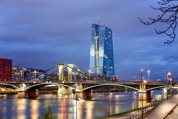 View of the illuminated Frankfurt am Main skyline with Flossen Brucke and European Central Bank at dusk