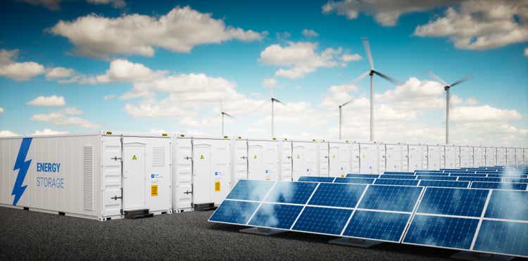 Concept of container Li-ion energy storage system. Renewable energy power plants - photovoltaics, wind turbine farm and battery container. 3d rendering.