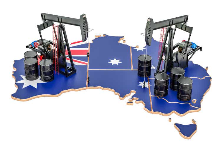 Australian map with oil barrels and pumpjacks. Oil production concept. 3D rendering