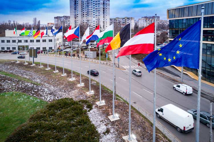 Drone shot aerial view of waving european union flags in Sofia, Bulgaria