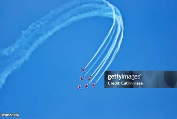 Aerobatic group formation leaving trail at blue sky during Air Show