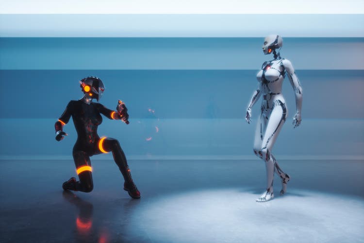 Fantasy superhero against futuristic cyborg
