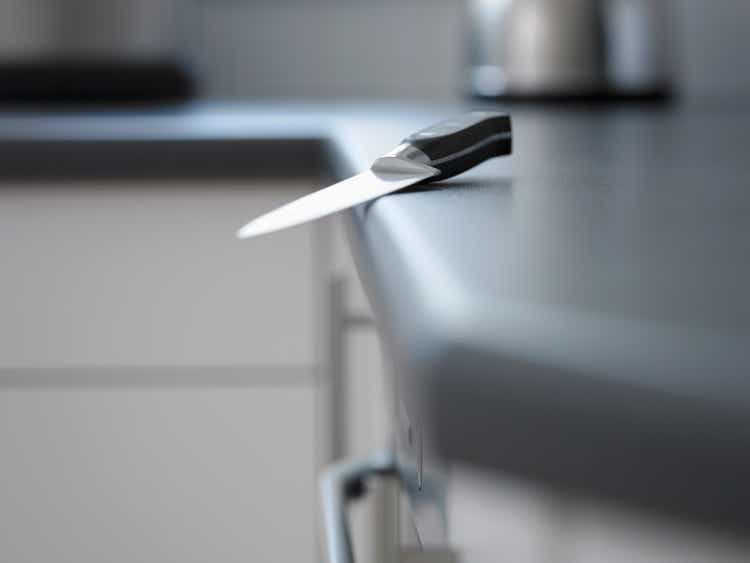 Close up of kitchen knife about to fall off counter