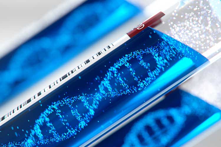 Molecule of DNA forming inside the test tube equipment.3d rendering,conceptual image.