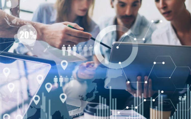 Concept of digital diagram,graph interfaces,virtual screen,connections icon on blurred background.Coworking team meeting.