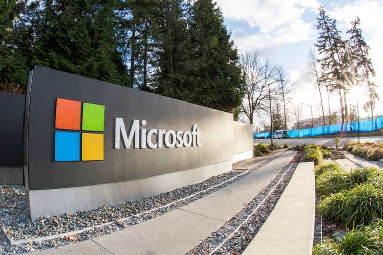 Microsoft sign at the entrance of their corporate headquarters in Redmond