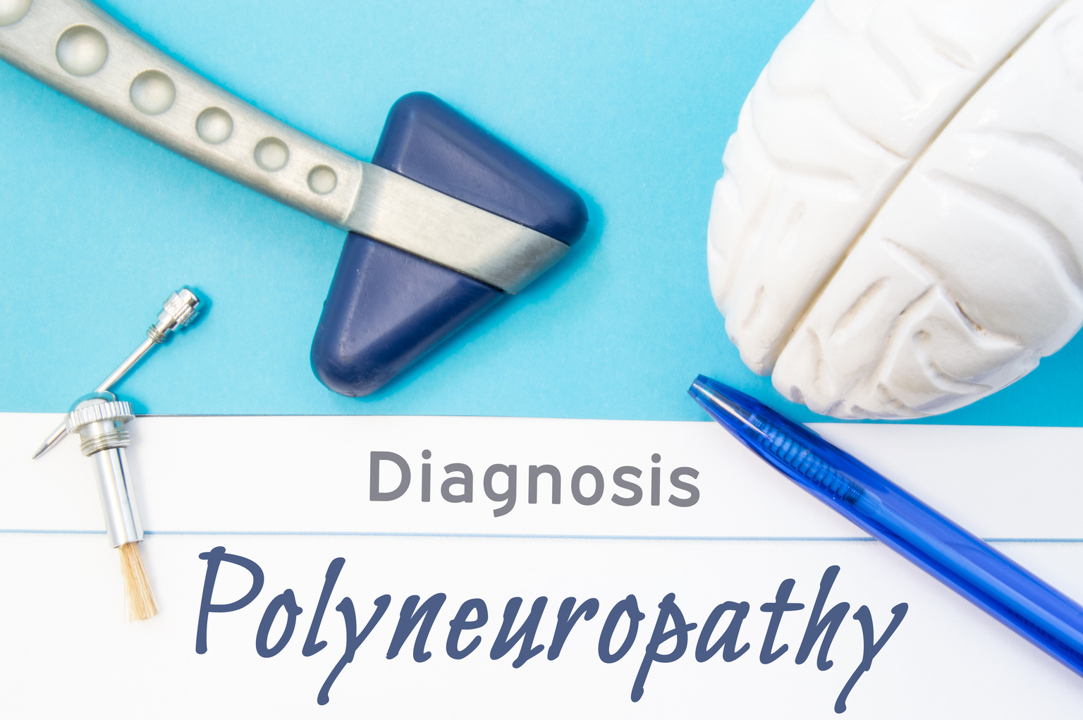 Neurological diagnosis of Polyneuropathy. Neurological hammer, human brain figure, tools for sensitivity testing are next to title of text diagnosis of Polyneuropathy in the workplace of neurologist