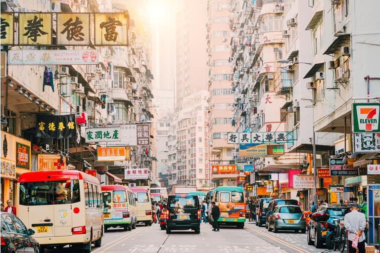 Hong Kong Street Scene, Mongkok District with traffic