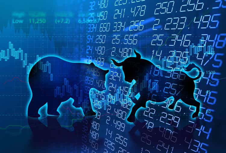silhouettes of bulls and bears on technical financial charts