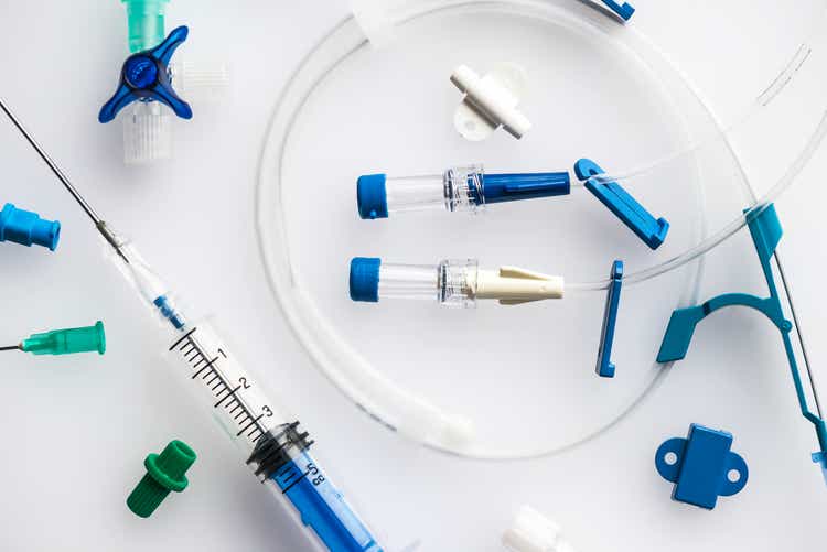 Syringe with needle and plastic tubes for central venous catheter insertion