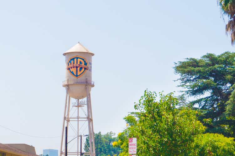 The famous water tower of Warner Brothers in Burbank. Warner Bros is an American entertainment company.