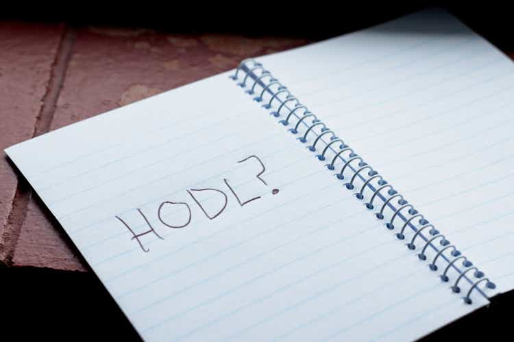 A concept image consisting of a notebook with the word "HODL" written on it.