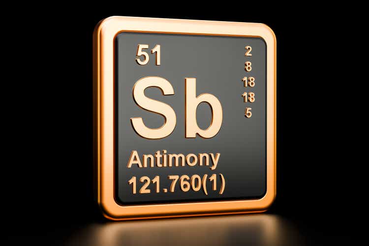 Antimony Sb stibium, chemical element. 3D rendering isolated on black background