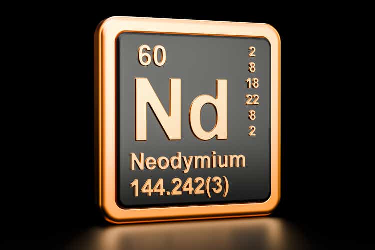Neodymium Nd, chemical element. 3D rendering isolated on black background