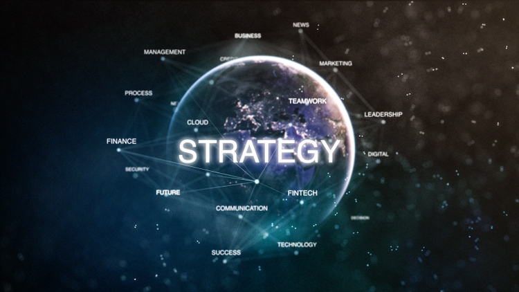 Technology earth from space word set with strategy in focus. Futuristic financial oriented words cloud 3D illustration. Success keywords concept