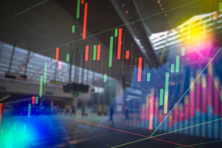 Stock market digital graph chart on LED display concept. A large display of daily stock market price and quotation. Indicator financial forex trade education background.