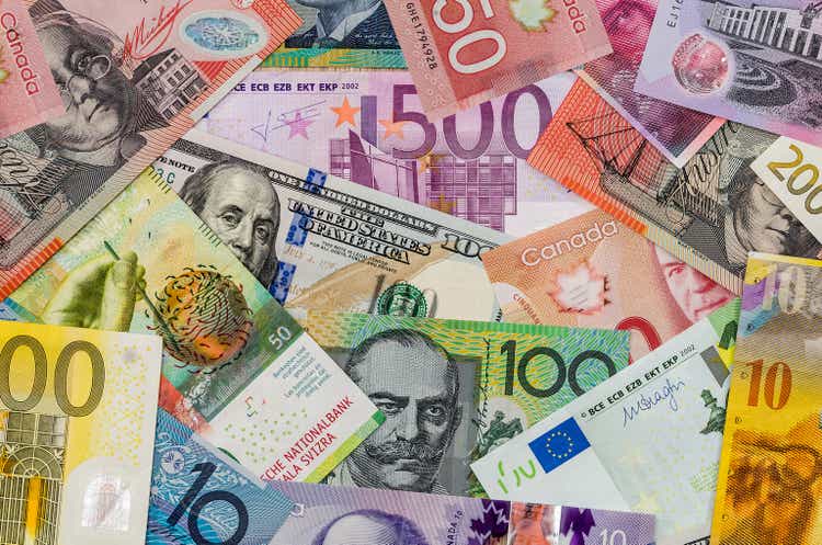 American dollars, European euro, Swiss franc, Canadian dollar, australian dollar bills