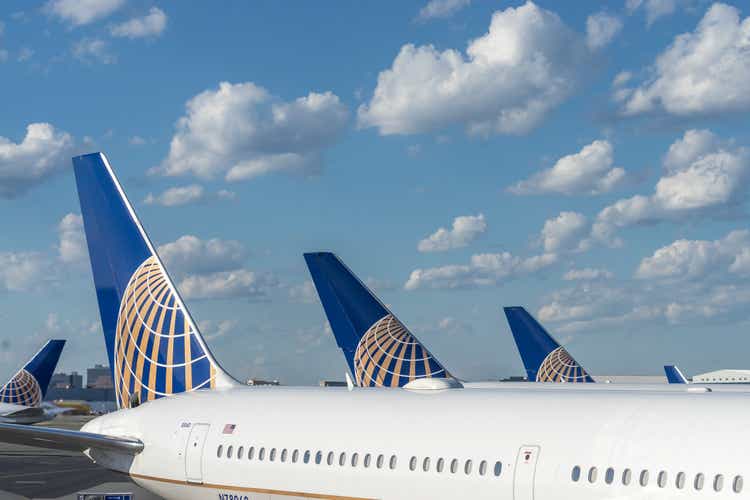 United Airlines passenger planes parked at the gates at Newark Liberty International Airport