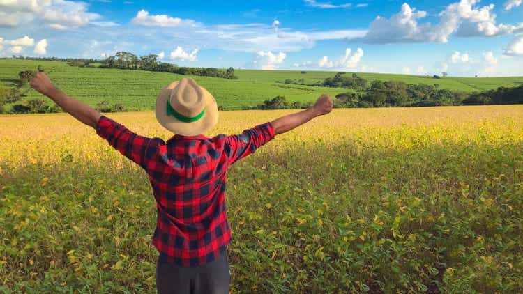 Farmer in soybean field plantation