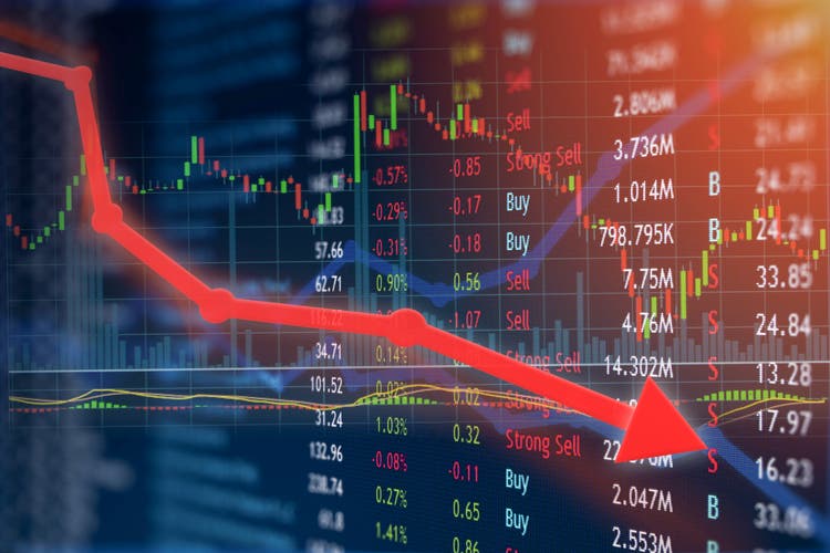Capital loss and stock investment price falls and monetary loss. Prices in the red and angry investors sulk.