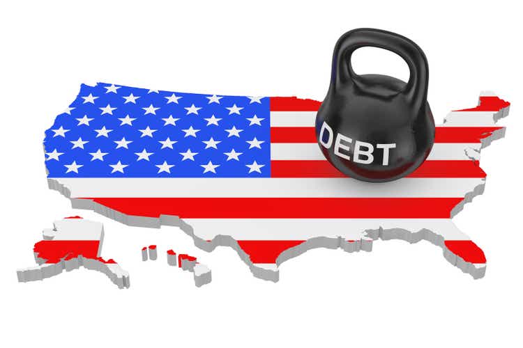 Debt Concept. Black Iron Kettlebell with Debt Sign over USA Map with Flag. 3d Rendering