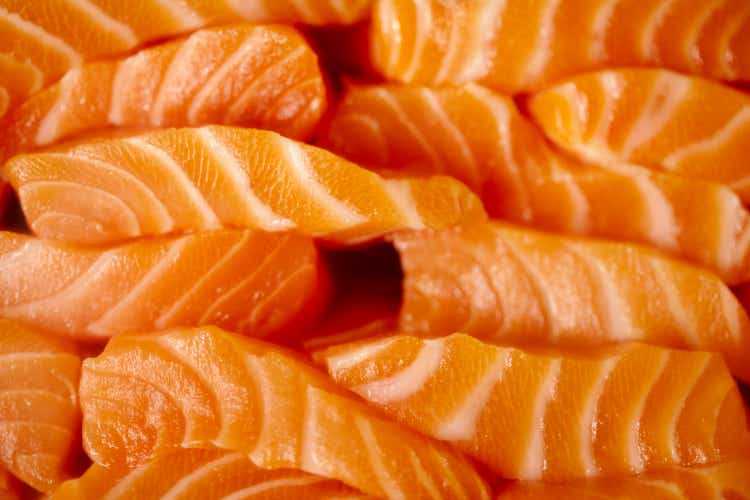 Japanese restaurant showcase with fresh salmon