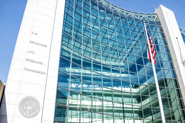 US United States Securities and Exchange Commission SEC entrance architecture modern building sign, logo, american flag, looking up sky, glass windows reflection