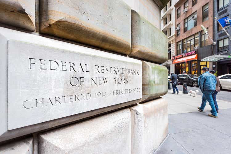 Federal Reserve Bank sign closeup in downtown lower financial district Manhattan NYC