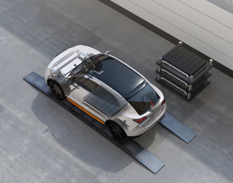 Electric SUV car exchange battery in battery swapping station