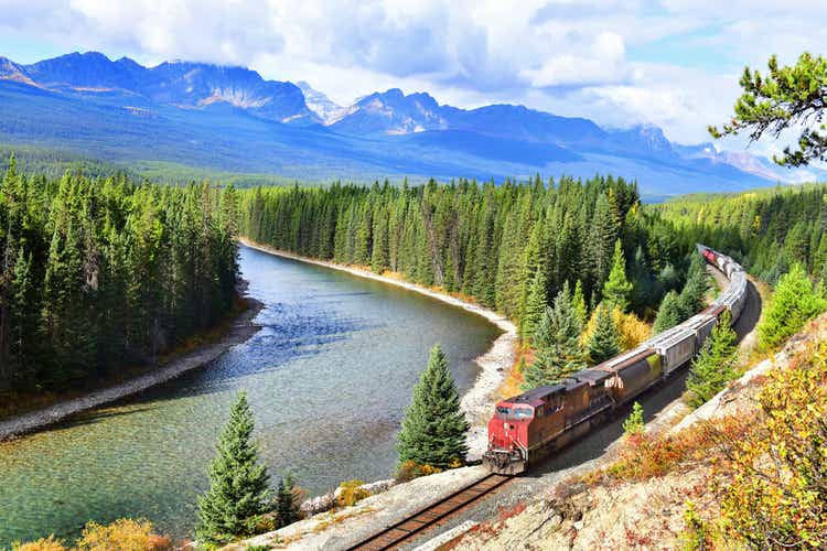 Train passing famous Morant"s curve ,Banff National Park, Canadian